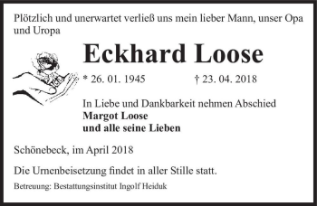 Traueranzeige von Eckhard Loose  von Magdeburger Volksstimme