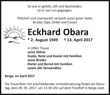 Traueranzeige von Eckhard Obara  von Magdeburger Volksstimme