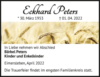 Traueranzeige von Eckhard Peters  von Magdeburger Volksstimme
