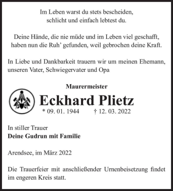Traueranzeige von Eckhard Plietz  von Magdeburger Volksstimme
