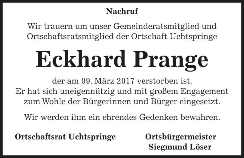  Traueranzeige für Eckhard Prange  vom 24.03.2017 aus Magdeburger Volksstimme