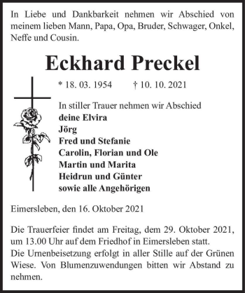 Traueranzeige von Eckhard Preckel  von Magdeburger Volksstimme