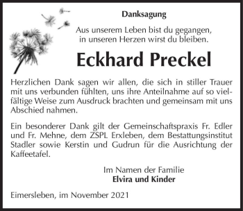 Traueranzeige von Eckhard Preckel  von Magdeburger Volksstimme