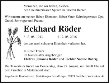 Traueranzeige von Eckhard Röder  von Magdeburger Volksstimme