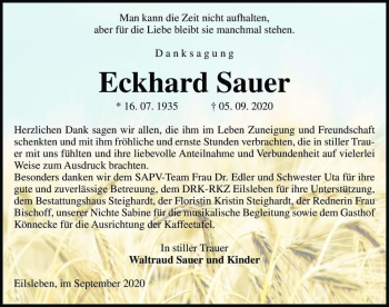 Traueranzeige von Eckhard Sauer  von Magdeburger Volksstimme