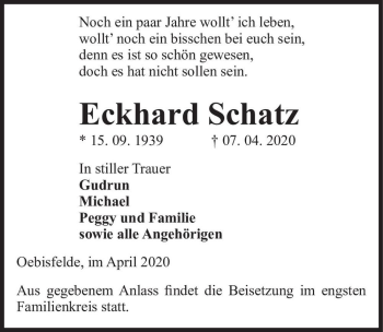 Traueranzeige von Eckhard Schatz  von Magdeburger Volksstimme