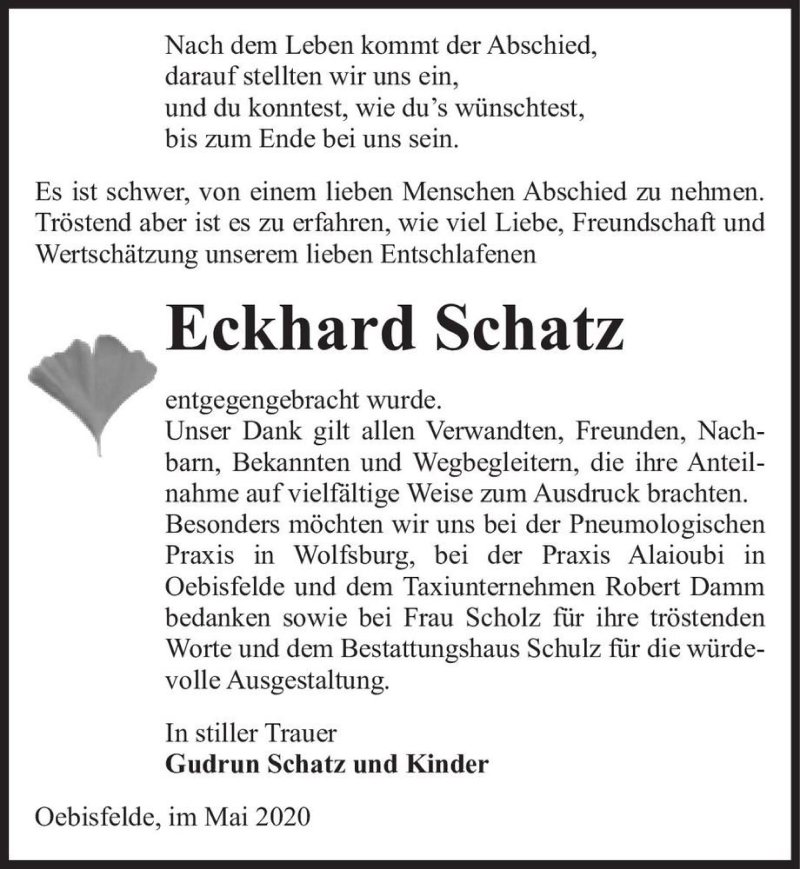  Traueranzeige für Eckhard Schatz  vom 16.05.2020 aus Magdeburger Volksstimme