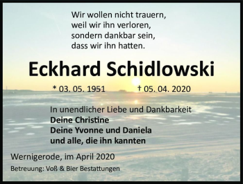 Traueranzeige von Eckhard Schidlowski  von Magdeburger Volksstimme