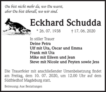 Traueranzeige von Eckhard Schudda  von Magdeburger Volksstimme
