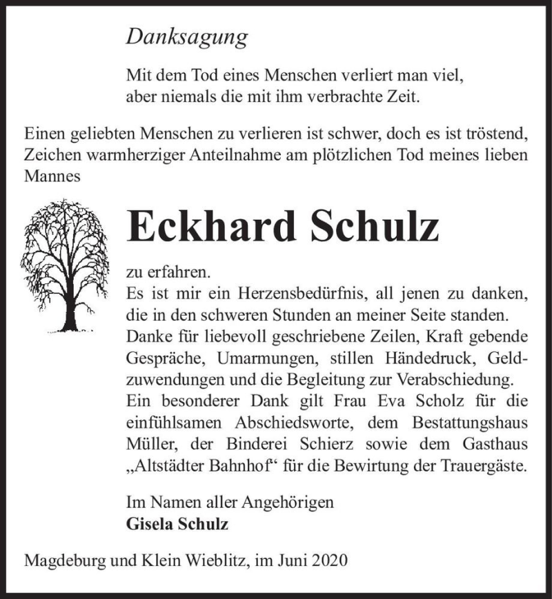  Traueranzeige für Eckhard Schulz  vom 13.06.2020 aus Magdeburger Volksstimme