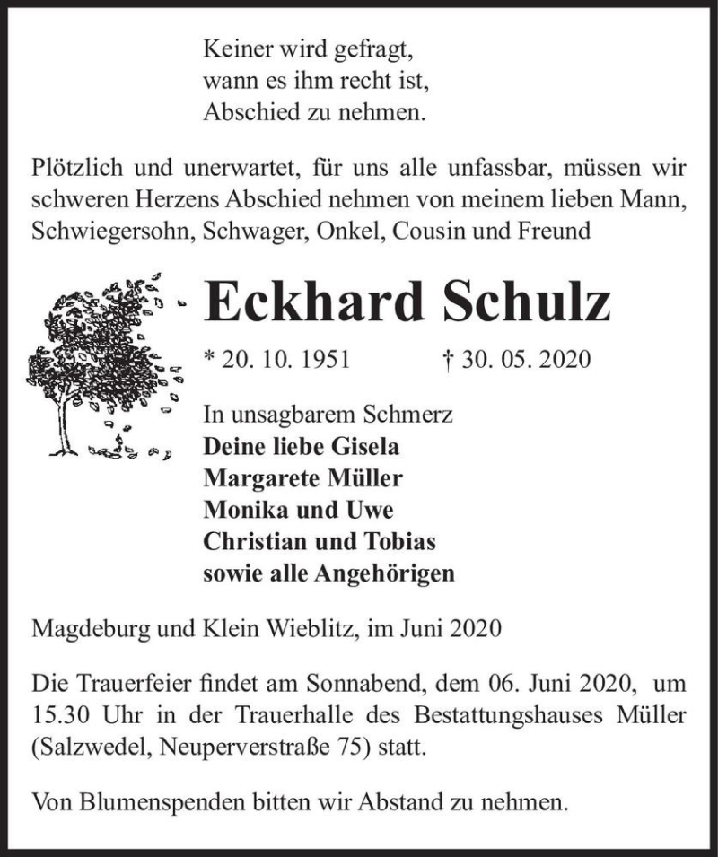  Traueranzeige für Eckhard Schulz  vom 05.06.2020 aus Magdeburger Volksstimme