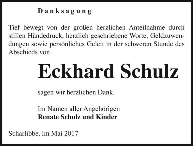  Traueranzeige für Eckhard Schulz  vom 04.05.2017 aus Magdeburger Volksstimme