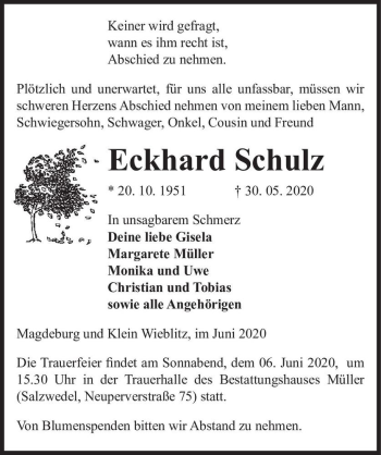 Traueranzeige von Eckhard Schulz  von Magdeburger Volksstimme