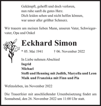 Traueranzeige von Eckhard Simon  von Magdeburger Volksstimme