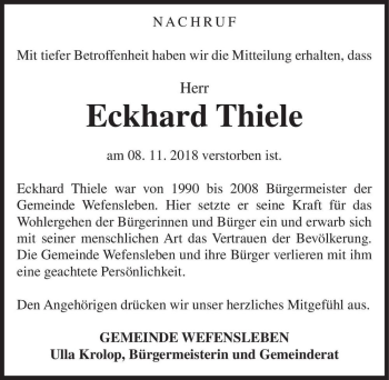 Traueranzeige von Eckhard Thiele  von Magdeburger Volksstimme