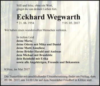 Traueranzeige von Eckhard Wegwarth  von Magdeburger Volksstimme