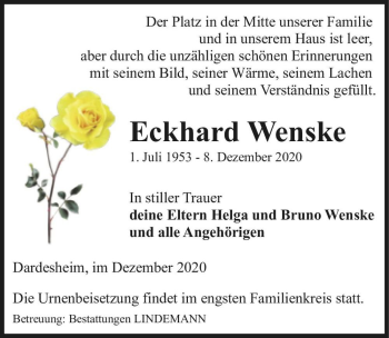Traueranzeige von Eckhard Wenske  von Magdeburger Volksstimme