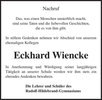 Traueranzeige von Eckhard Wiencke  von Magdeburger Volksstimme