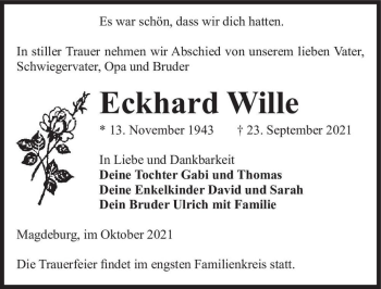 Traueranzeige von Eckhard Wille  von Magdeburger Volksstimme