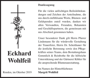 Traueranzeige von Eckhard Wohlfeil  von Magdeburger Volksstimme