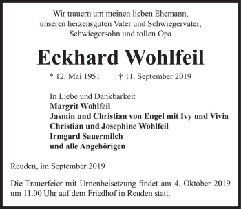 Traueranzeige von Eckhard Wohlfeil  von Magdeburger Volksstimme