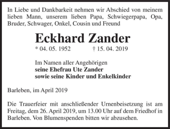 Traueranzeige von Eckhard Zander  von Magdeburger Volksstimme