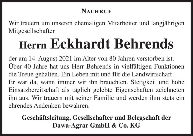  Traueranzeige für Eckhardt Behrends  vom 21.08.2021 aus Magdeburger Volksstimme