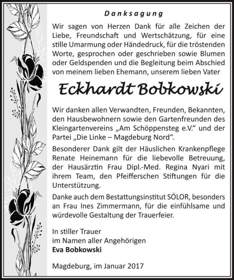  Traueranzeige für Eckhardt Bobkowski  vom 04.02.2017 aus Magdeburger Volksstimme