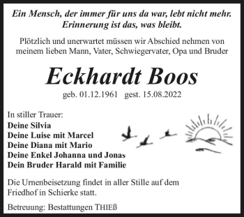 Traueranzeige von Eckhardt Boos  von Magdeburger Volksstimme