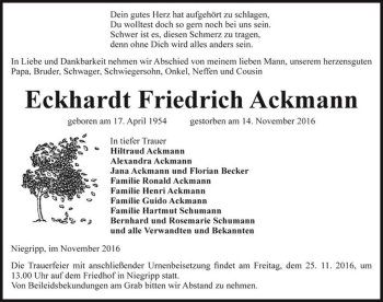 Traueranzeige von Eckhardt Friedrich Ackmann  von Magdeburger Volksstimme