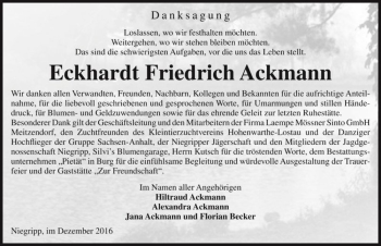 Traueranzeige von Eckhardt Friedrich Ackmann  von Magdeburger Volksstimme