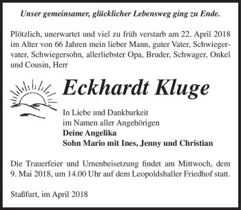 Traueranzeige von Eckhardt Kluge  von Magdeburger Volksstimme