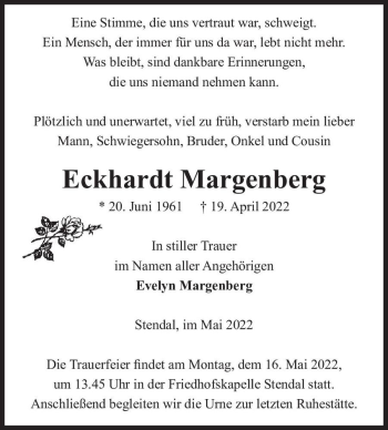 Traueranzeige von Eckhardt Margenberg  von Magdeburger Volksstimme
