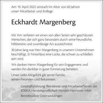 Traueranzeige von Eckhardt Margenberg  von Magdeburger Volksstimme