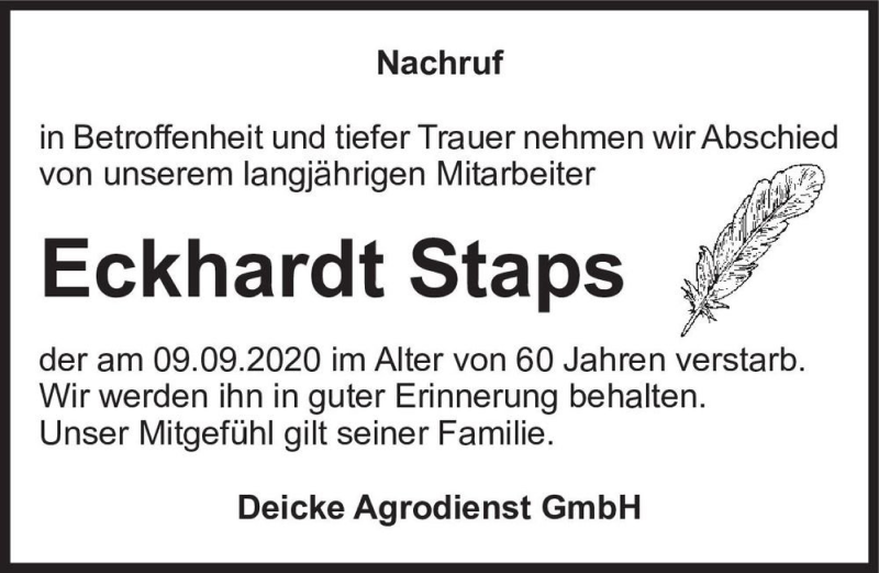  Traueranzeige für Eckhardt Staps  vom 19.09.2020 aus Magdeburger Volksstimme