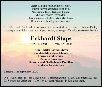 Traueranzeige von Eckhardt Staps  von Magdeburger Volksstimme