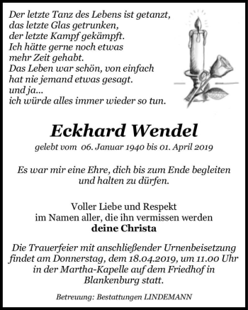 Traueranzeige von Eckhardt Wendel  von Magdeburger Volksstimme