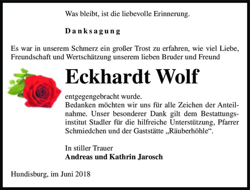  Traueranzeige für Eckhardt Wolf  vom 09.06.2018 aus Magdeburger Volksstimme