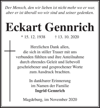 Traueranzeige von Eckhart Gennrich  von Magdeburger Volksstimme