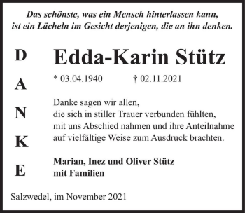 Traueranzeige von Edda-Karin Stütz  von Magdeburger Volksstimme