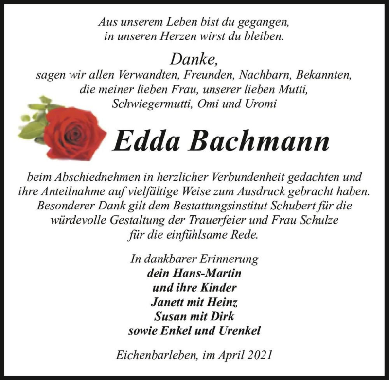 Traueranzeige für Edda Bachmann  vom 24.04.2021 aus Magdeburger Volksstimme
