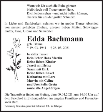 Traueranzeige von Edda Bachmann (geb. Blume)  von Magdeburger Volksstimme