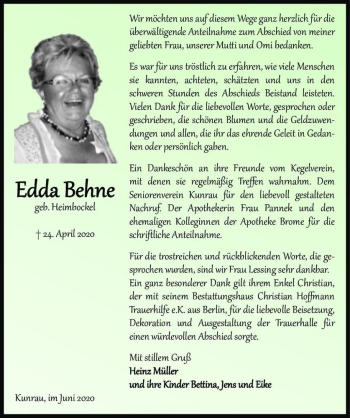 Traueranzeige von Edda Behne (geb. Heimbockel)  von Magdeburger Volksstimme