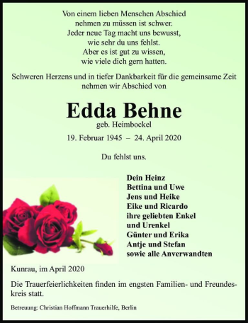 Traueranzeige von Edda Behne (geb. Heimbockel)  von Magdeburger Volksstimme