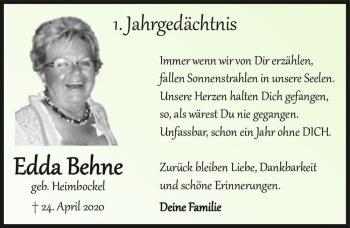 Traueranzeige von Edda Behne (geb. Heimbockel)  von Magdeburger Volksstimme