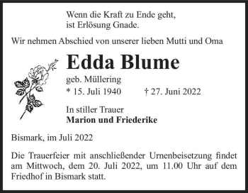 Traueranzeige von Edda Blume (geb. Müllering)  von Magdeburger Volksstimme