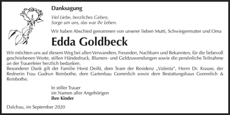  Traueranzeige für Edda Goldbeck  vom 12.09.2020 aus Magdeburger Volksstimme
