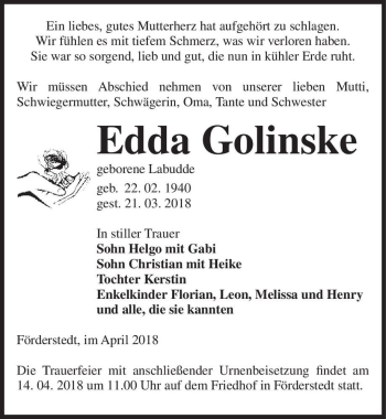 Traueranzeige von Edda Golinske (geb. Labudde)  von Magdeburger Volksstimme