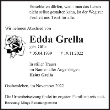 Traueranzeige von Edda Grella (geb. Gille)  von Magdeburger Volksstimme