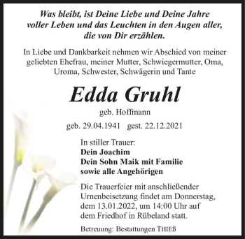 Traueranzeige von Edda Gruhl (geb. Hoffmann)  von Magdeburger Volksstimme